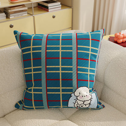 Decorative Plaid Throw Pillow Cover with Embroidered Cartoon Sheep Patch