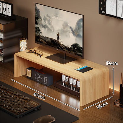 Niedrigprofilierte gebogene Desktop-Monitor-Plattform mit integriertem Unterregal-Organizer und ambienter Hintergrundbeleuchtung