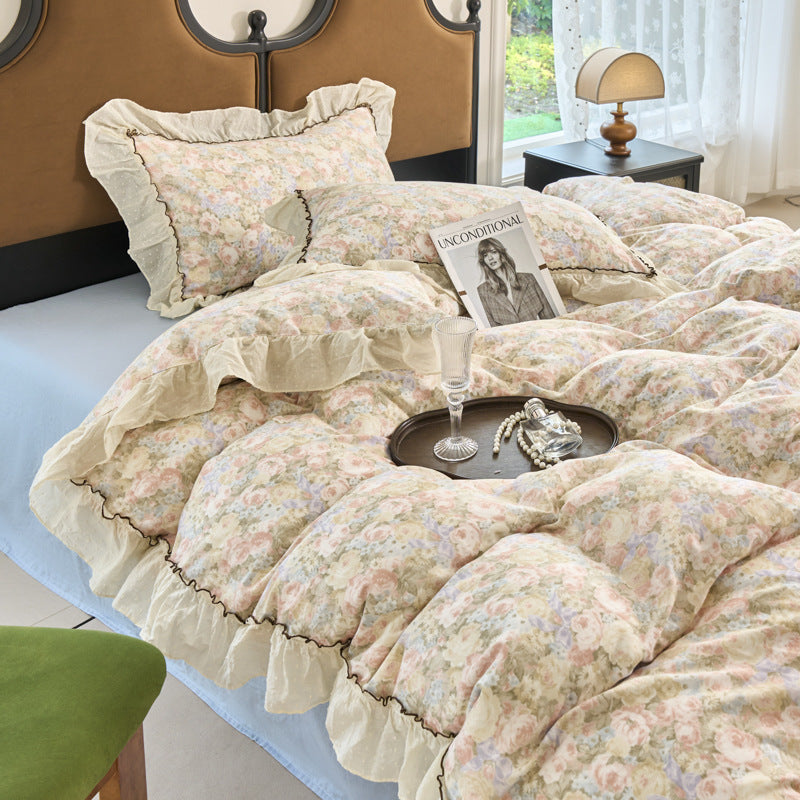 Vintage Floral Ruffled Bettbezug Set mit Swiss-Dot Rüsche