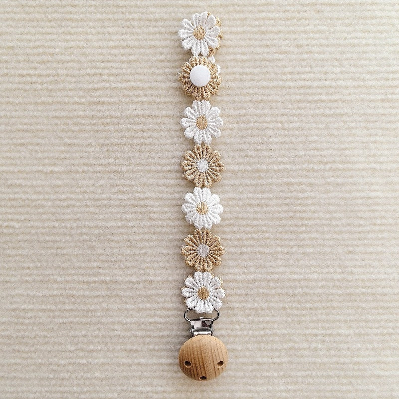 Florale Häkel-Schnullerhalter mit Holz-Sicherheitsclip