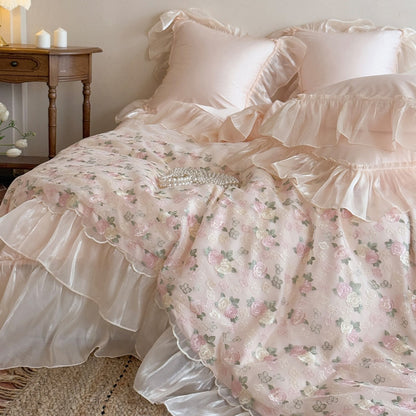 Vintage Floral Bestickte Rüschene Bettbezug & Organza Tagesdecke Ensemble