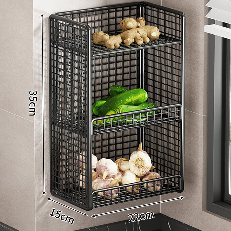 Wandmontierter dreistufiger Mesh-Küchenorganizer mit seitlichem Utensilienfach