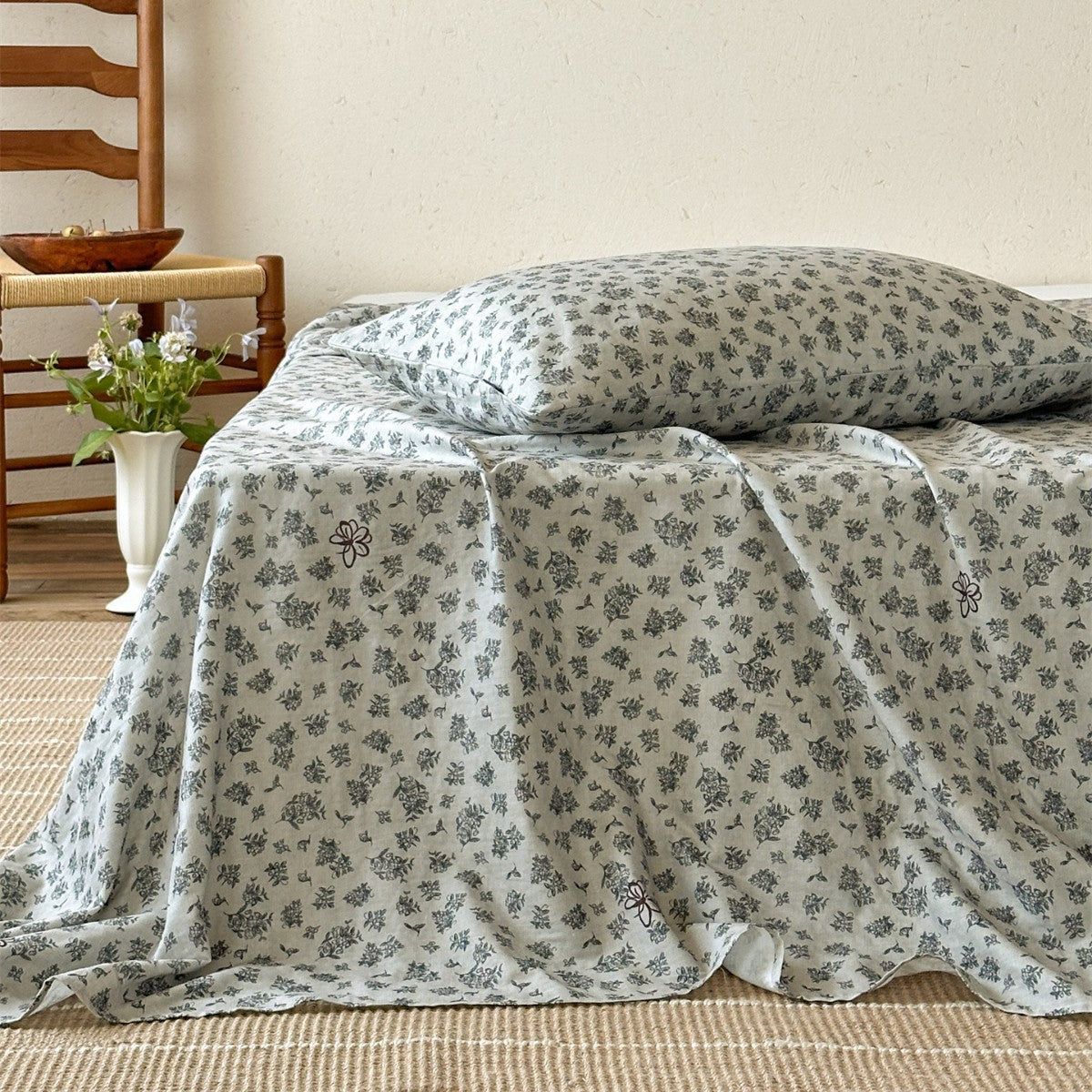 Gegerbete Leinenmischung Floral Bettüberwurf und Kissenbezug Set