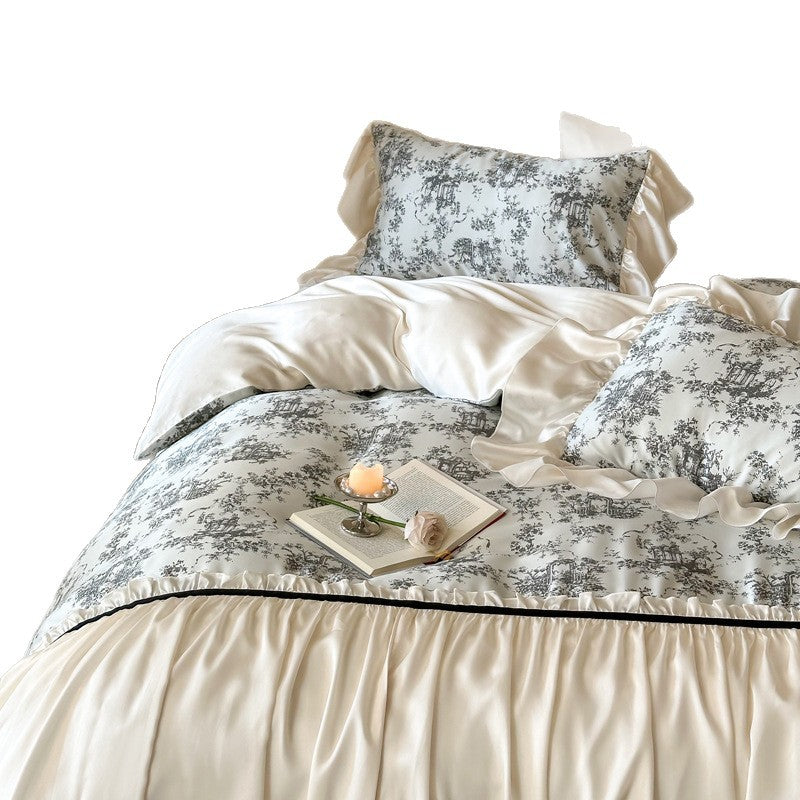 Toile-Muster Seiden-ähnliches Rüschen Bettbezug-Set mit Cascade Bettrock und Schleifen-Kissenbezügen
