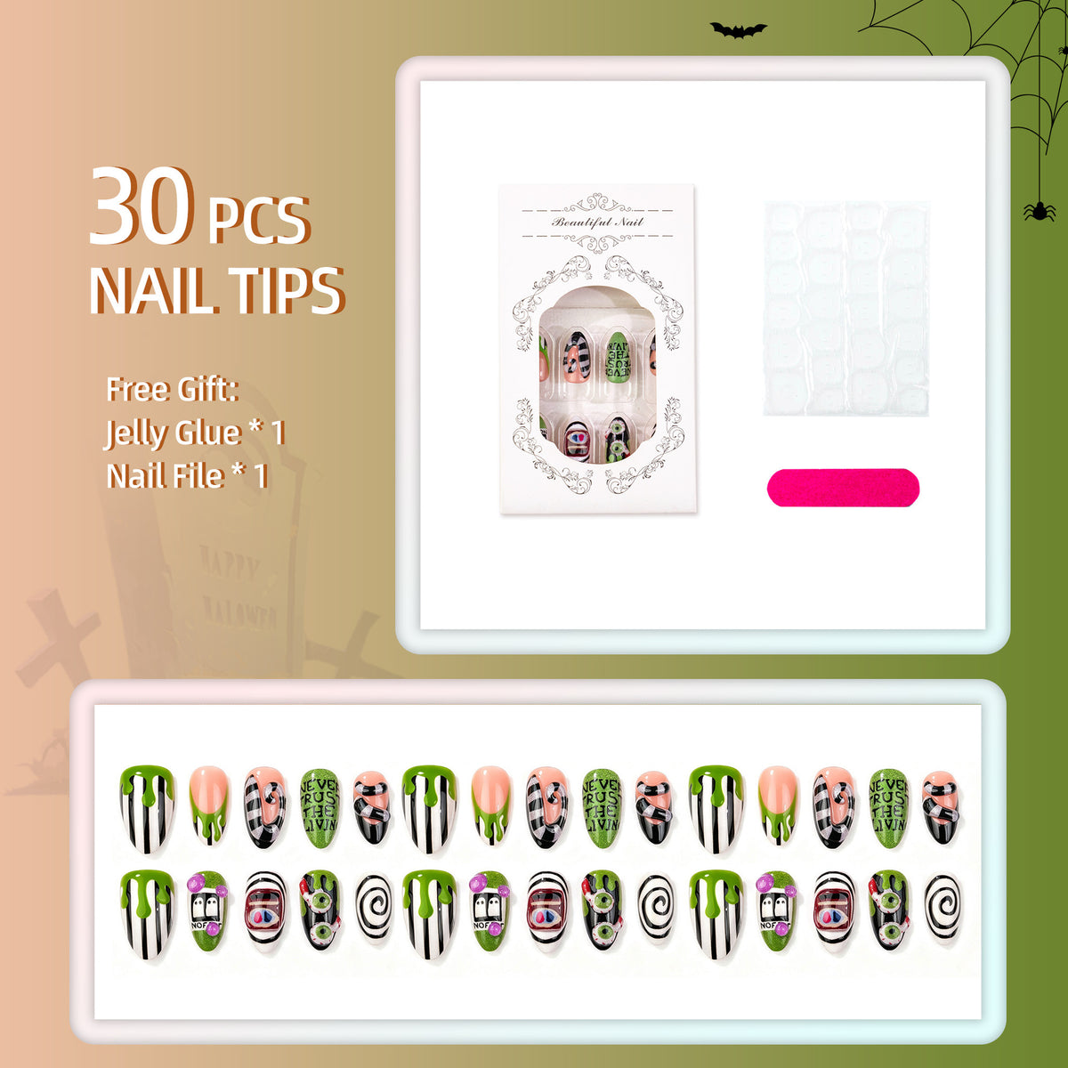 Halloween-Themen Press-On Nagelset mit gruseligen Designs