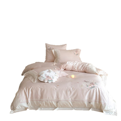 Satin-Bettwäschegarnitur mit zarter Schmetterlings- und Blumenstickerei