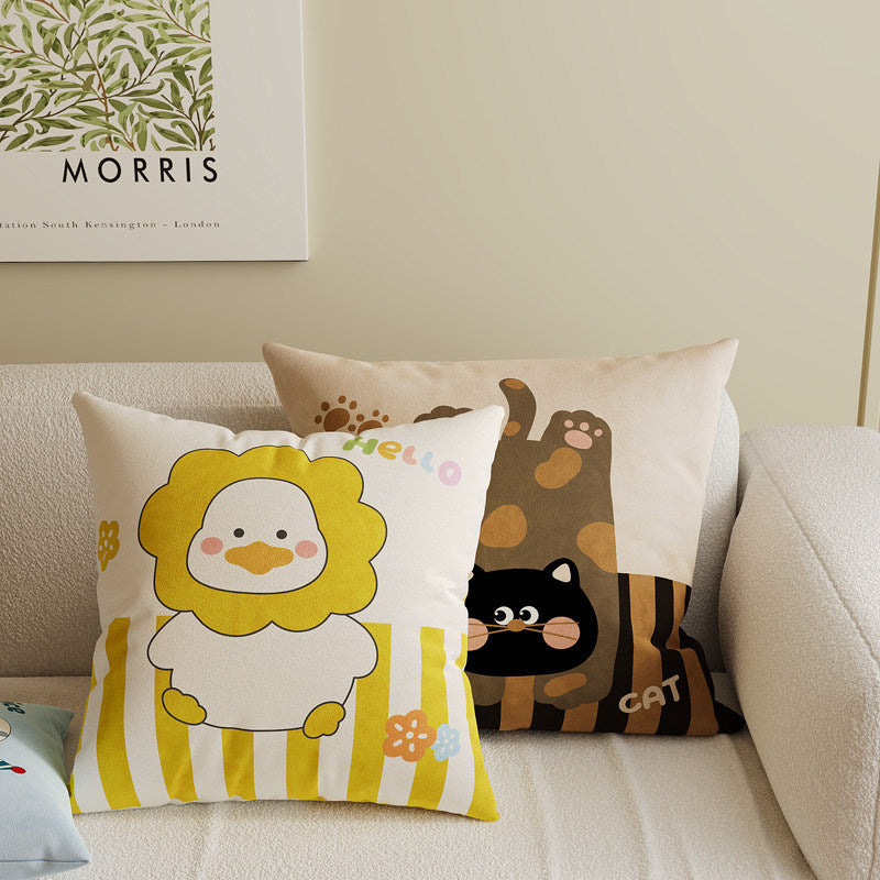 Square Decorative Throw Pillow Cover with Cute Cartoon Cat Illustration and Vertical Pink Stripe Linen-Blend