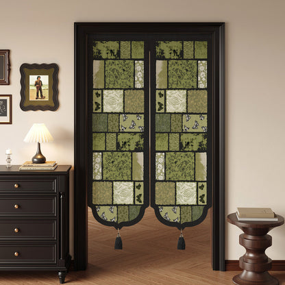 Botanical Patchwork Split-Panel Noren Doorway Curtain with Weighted Tassels