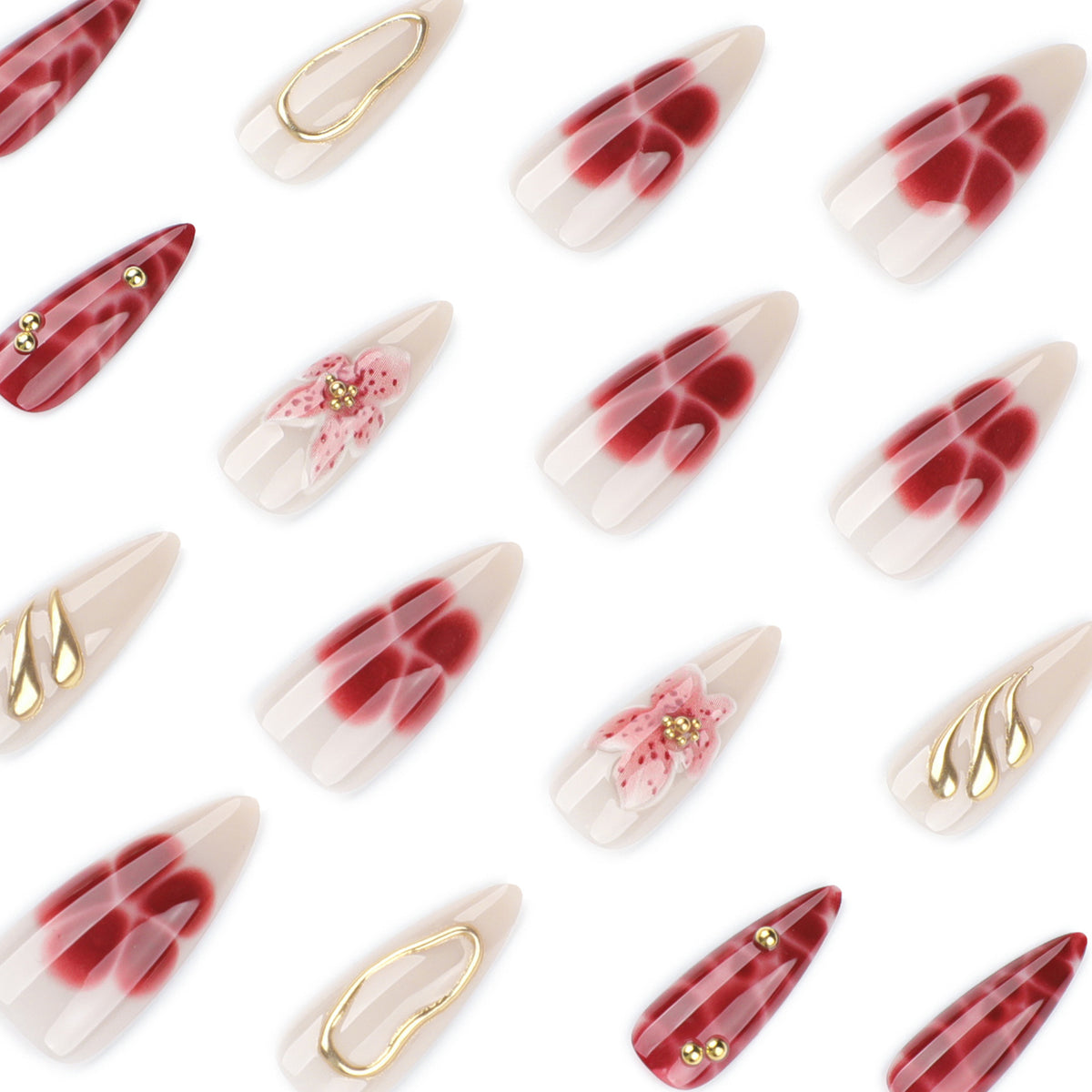 Kunstvolle Stiletto-Nägel mit eleganten Blumendesigns und Glitzerakzenten Brehn