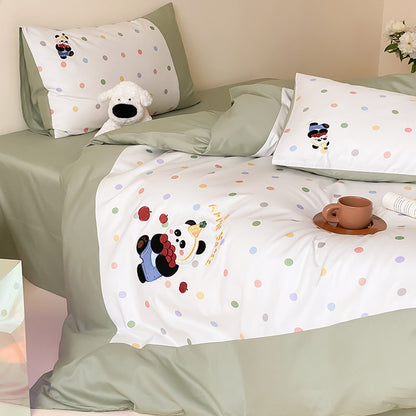 Kinderbettwäsche-Set aus feinem Baumwoll-Mix mit pastellfarbenem Pünktchenprint und Teddy-Applikation