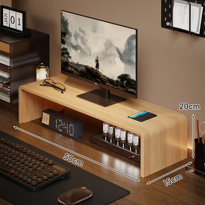 Niedrigprofilierte gebogene Desktop-Monitor-Plattform mit integriertem Unterregal-Organizer und ambienter Hintergrundbeleuchtung
