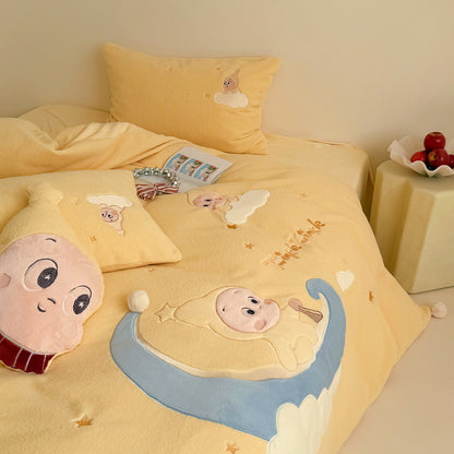 Kinder-Flauschbettwäsche-Garnitur mit Mond- und Stern-Applikation