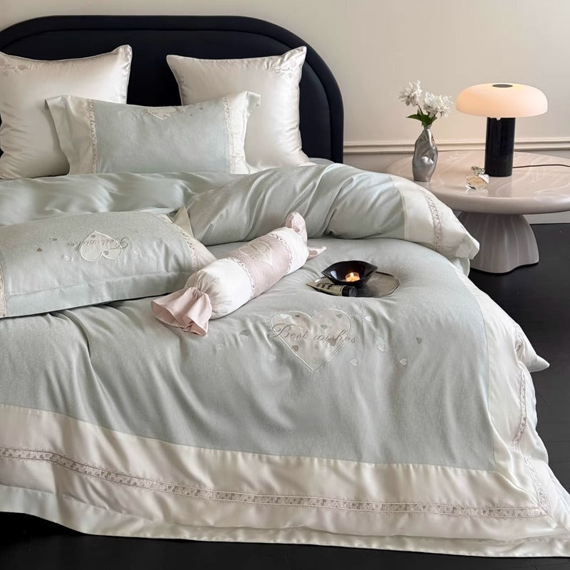 Bestickte Satinbesatz Baumwollsatin Bettbezug Set mit dekorativem Bolster