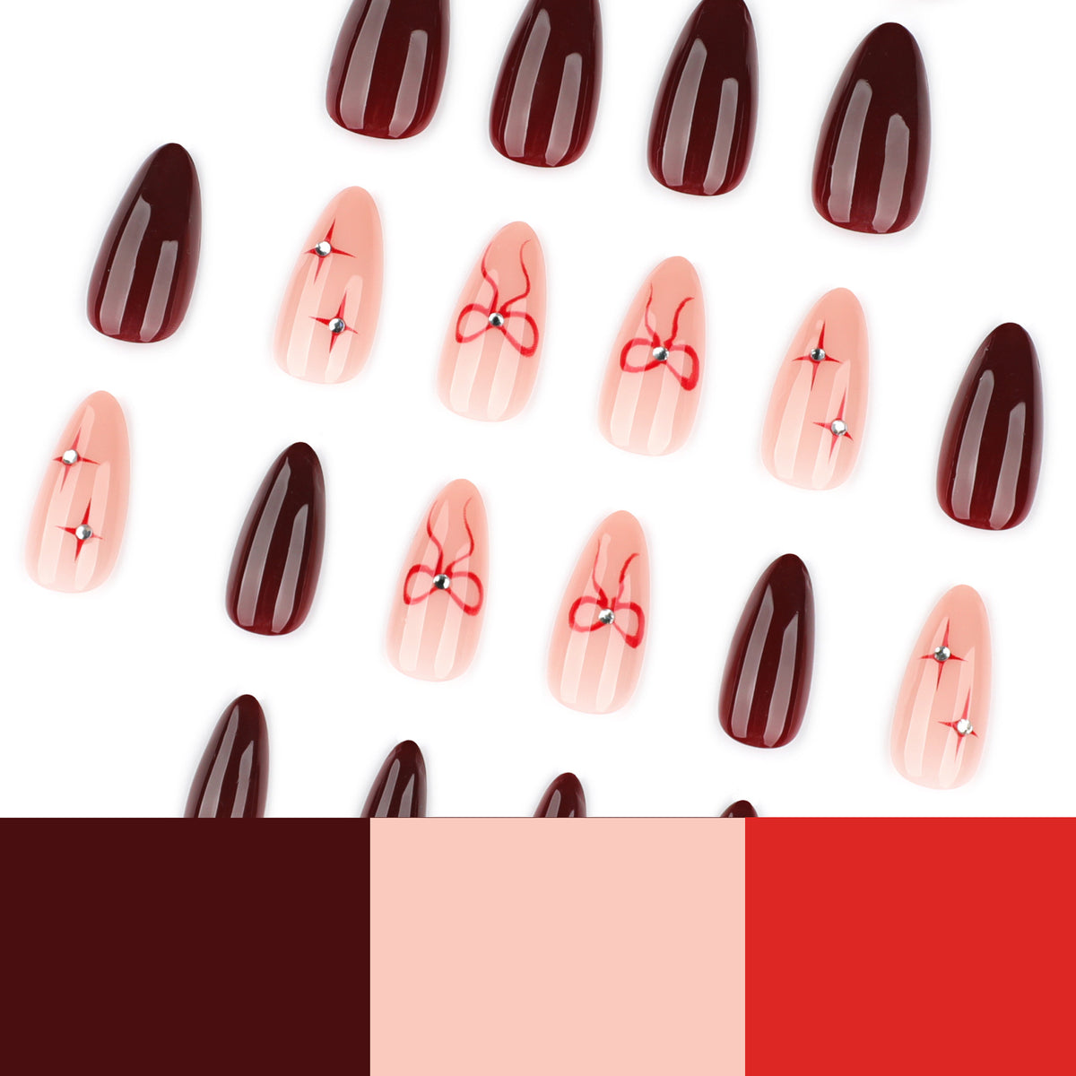 Kunstvolle Nagelkunst mit eleganten Schleifen und Strassverzierungen Brehn