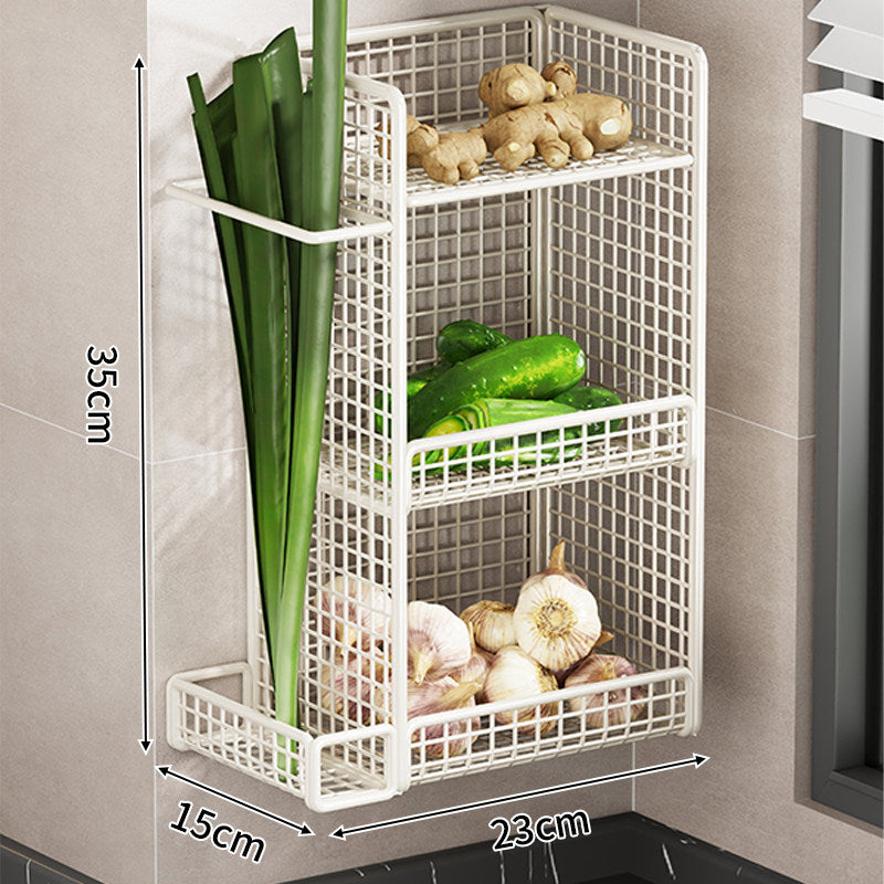 Wandmontierter dreistufiger Mesh-Küchenorganizer mit seitlichem Utensilienfach