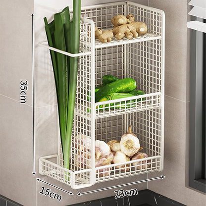 Wandmontierter dreistufiger Mesh-Küchenorganizer mit seitlichem Utensilienfach