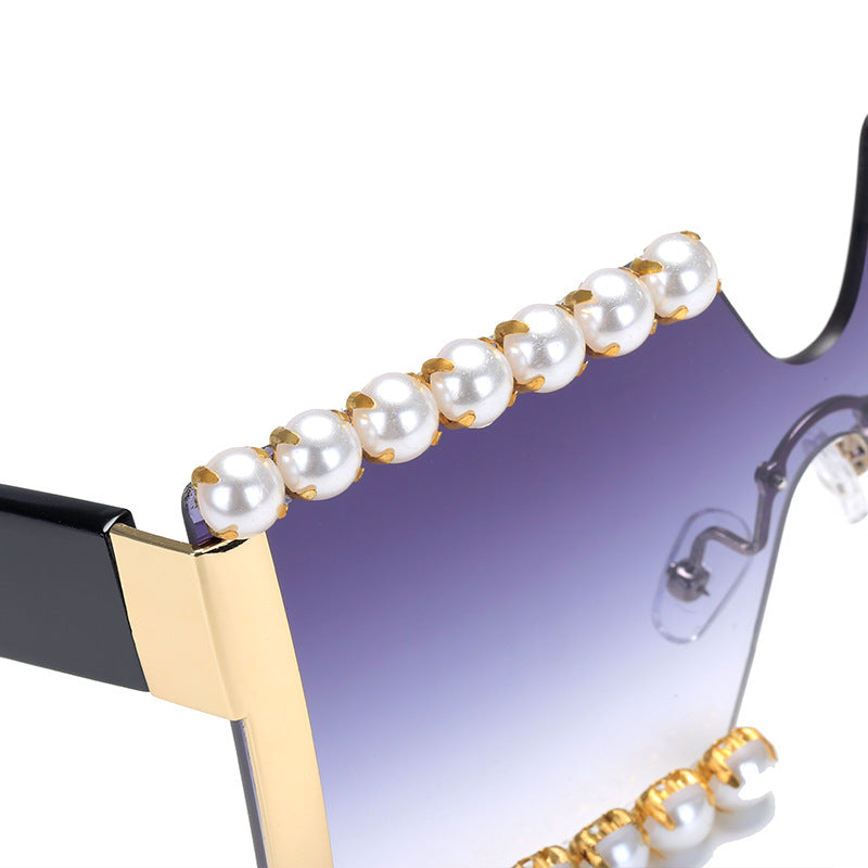Damen extravagante Rechteck-Sonnenbrille mit Perlenschmuck und UV-Schutz Brehn