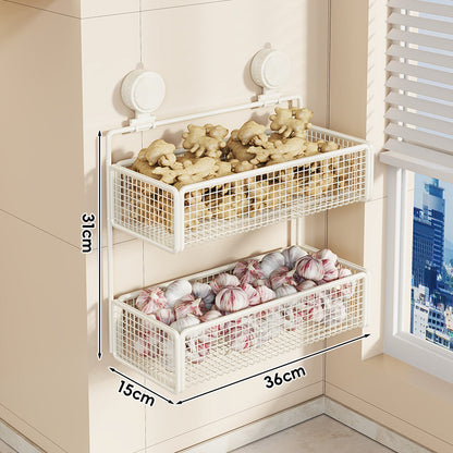 Wandmontierte Saugnetz-Obstlagerschalen-Set mit doppelt verstellbarem Regal
