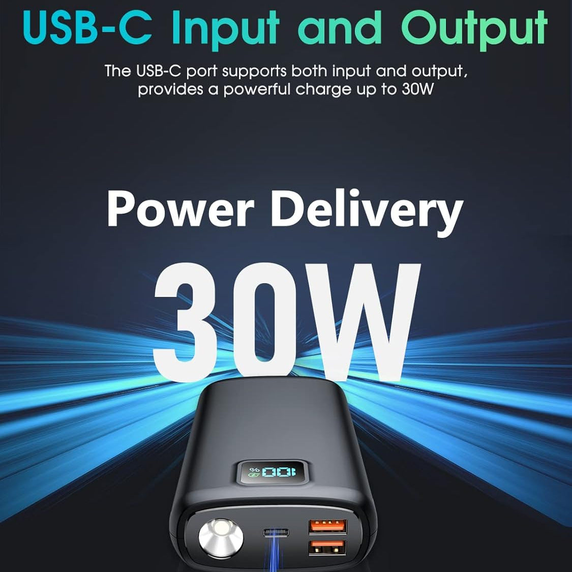 Tragbare Powerbank mit Digitalem LED-Display und Taschenlampenfunktion Brehn