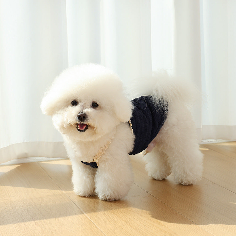 Kleiner Hund Geripptes Spitzenbesatz Bodysuit Geschirr T-Shirt