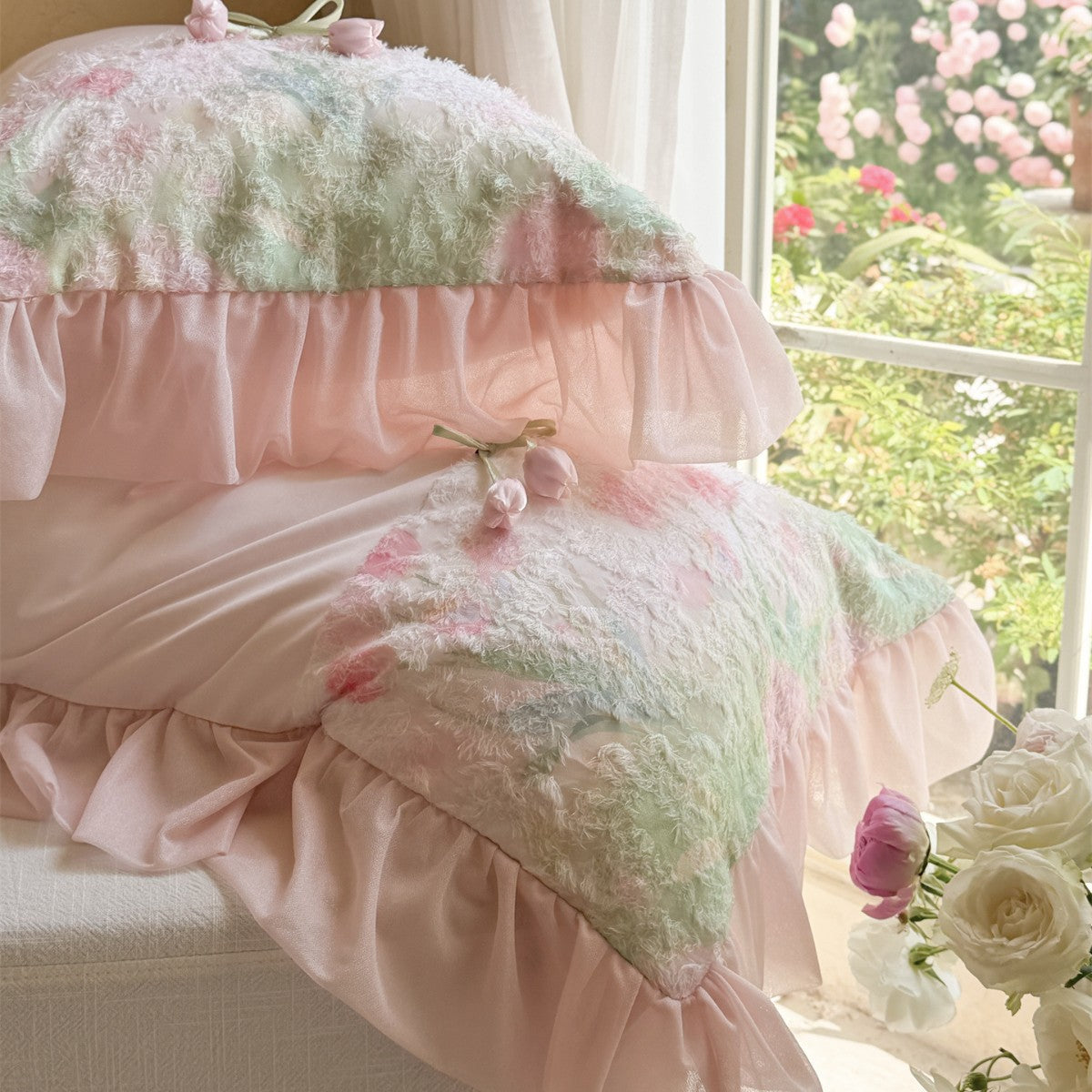 Plüsch Geklöppelte Blumen Bettbezug Set mit Rüschen Saum & Applikationen Akzenten