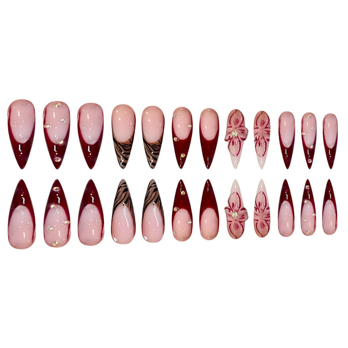 Elegantes Stiletto Press-On Nagelkunst-Set mit floralen und geometrischen Designs Brehn