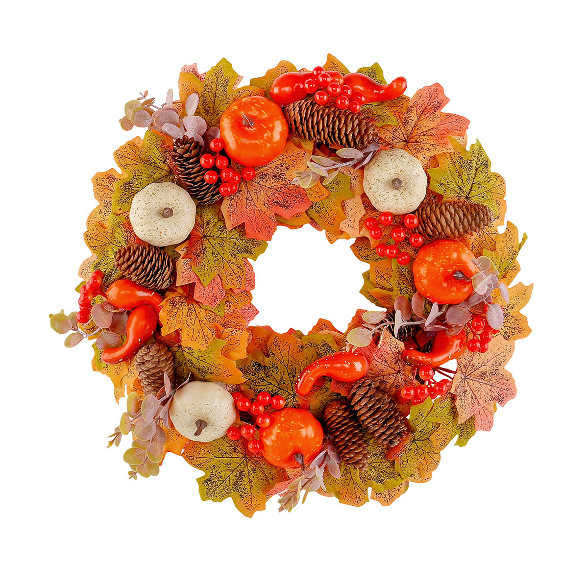 Herbstlicher Türkranz mit künstlichen Ahornblättern, Zapfen und Deko-Kürbissen