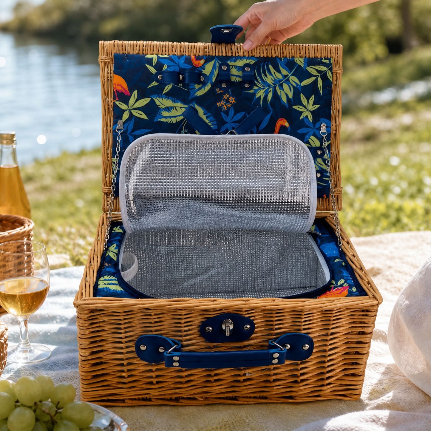 Damen Luxus Picknickkorb mit versetztem Geschirrfach und floralem Innenfutter Brehn
