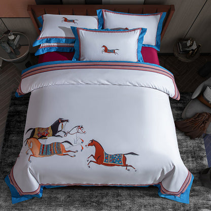 Bedrucktes Reiter-Cotton-Satin-Bettbezug-Set mit blauen Kissenbezügen
