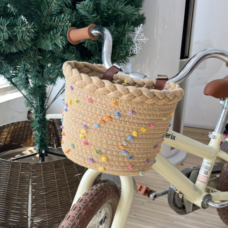 geflochtenes Seil Fahrradkorb mit Pompon-Verzierungen und Lederlenker-Riemen Brehn