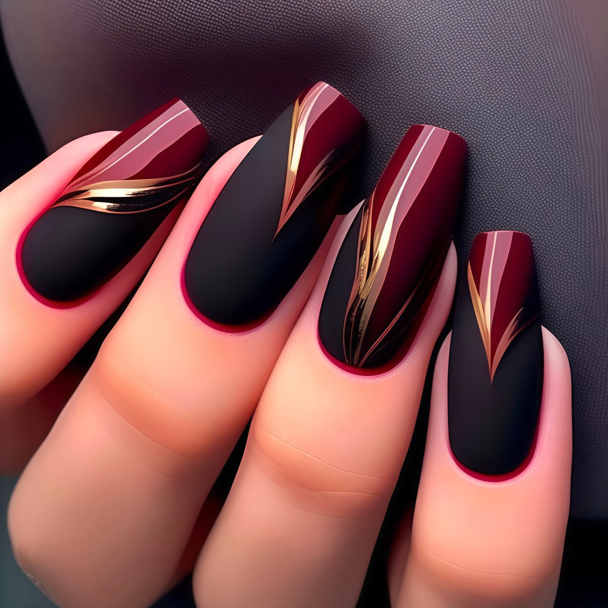 Stilvolles Press-On Nagelset mit goldenen Streifenakzenten Brehn