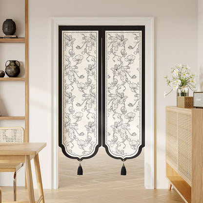 Decorative Split Noren Door Curtain Panel with Floral Jacquard and Tassel Weights