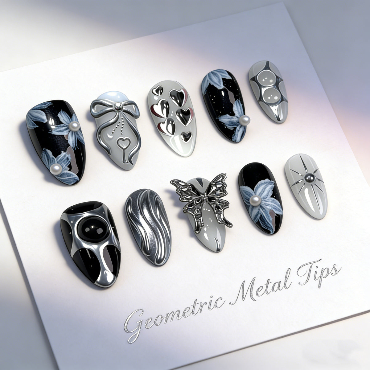 Geometrisches Metall Press-On Nagelkunst Set Brehn