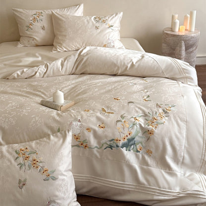Besticktes florales Satin-Effekt Bettbezug-Set mit Jacquard-Motiv