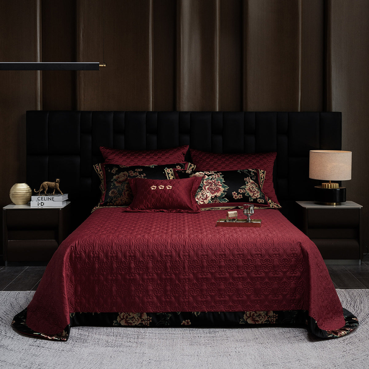 Luxus Satin Floral Jacquard Bettbezug Set mit gesteppter Kissenhülle & dekorativen Kissen