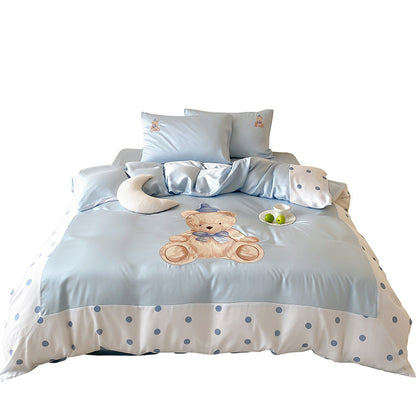 Wendbares Satin-Bettwäscheset für Kinder mit großem Aquarell-Teddy, Punktebordüre und seidig-mattem Finish