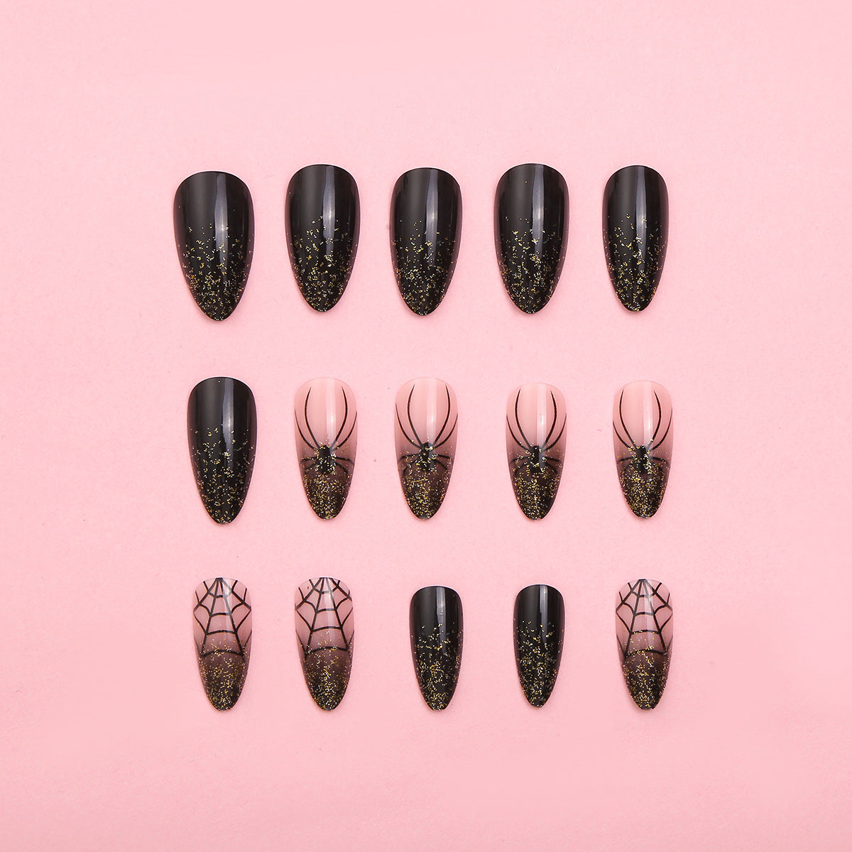 Künstlerisches Press-On Nagelset mit Glitzer und Spinnennetzdesign Brehn
