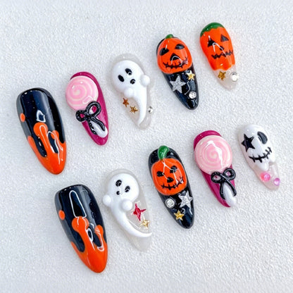 Halloween Kunstnagelset mit kreativen Geister- und Kürbismotiven Brehn