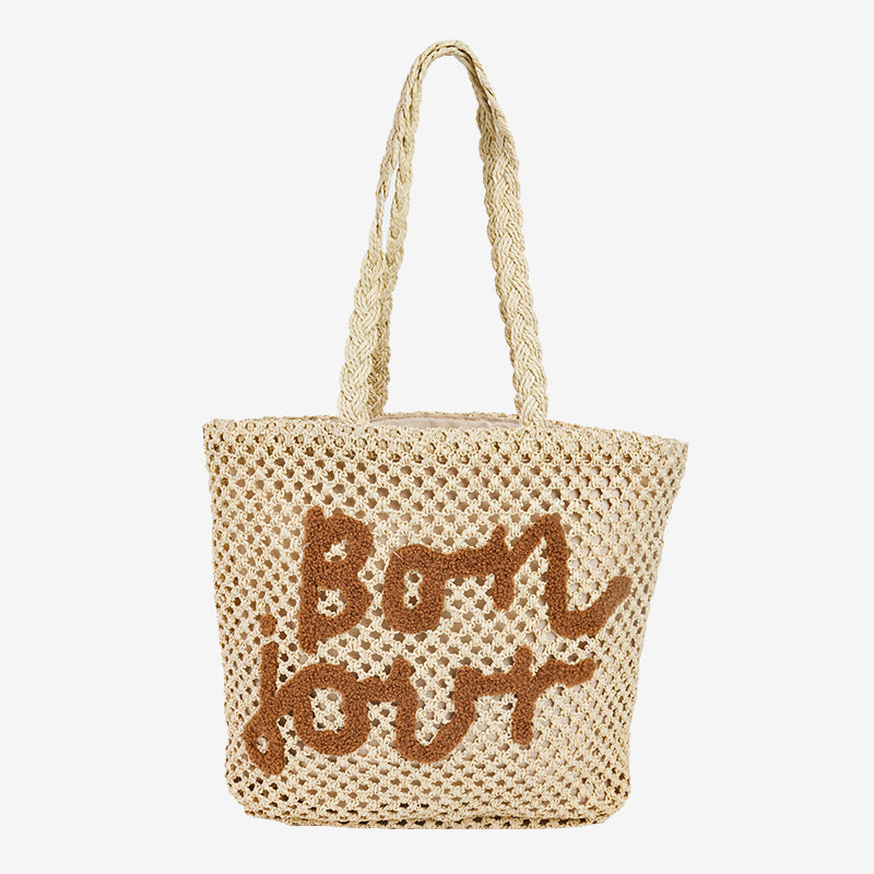 Damen Handgefertigte Strohtasche mit trendy Schriftzug Brehn