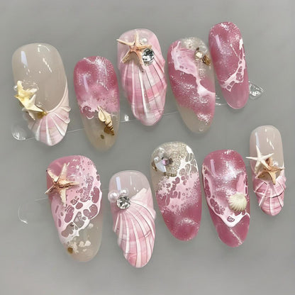 Kunstnagelset mit maritimen Muschel- und Sternenmuster Brehn