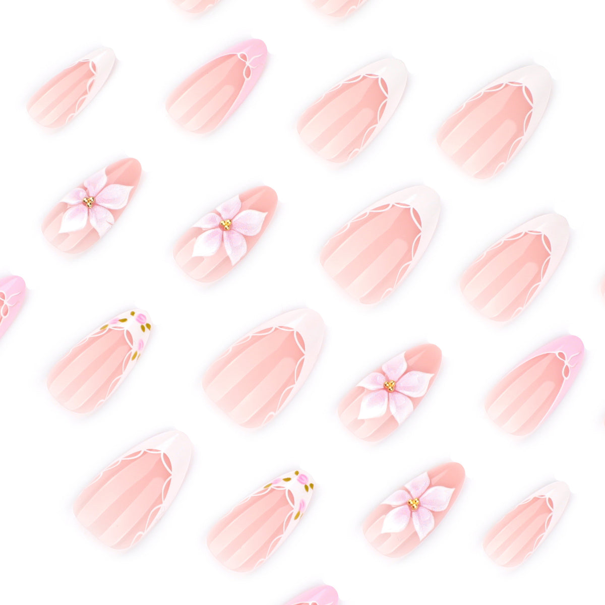 Kunstvolle Nagelverlängerungen mit zartem Blumenmuster und eleganten Akzenten Brehn