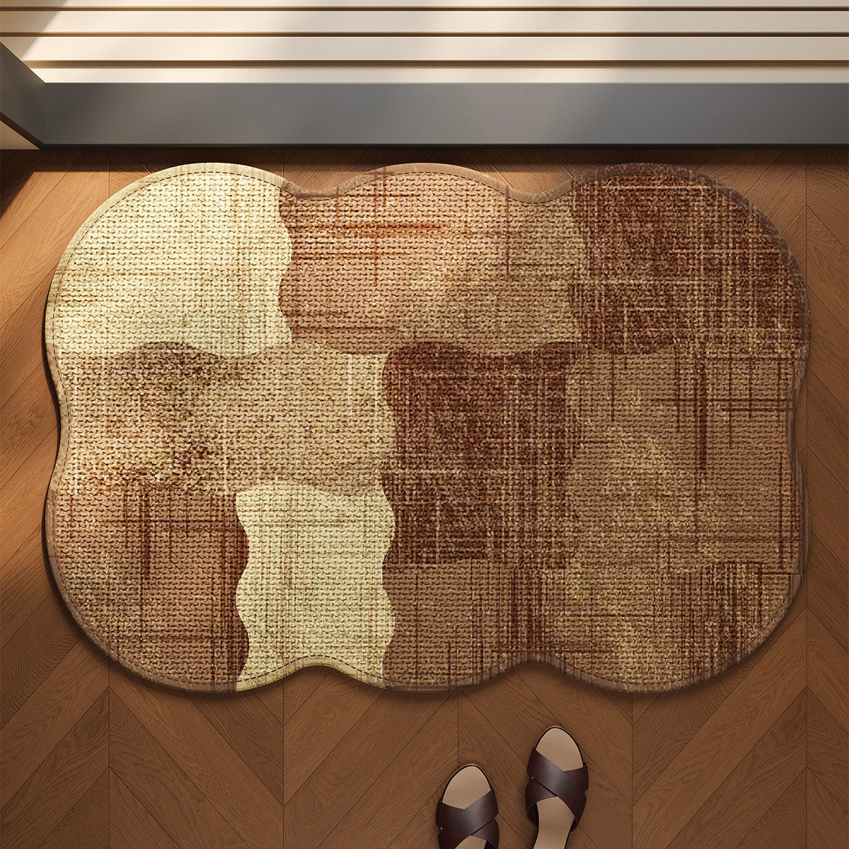 Wavy-Edge Low-Pile Patchwork Entrance Rug with Anti-Slip Backing