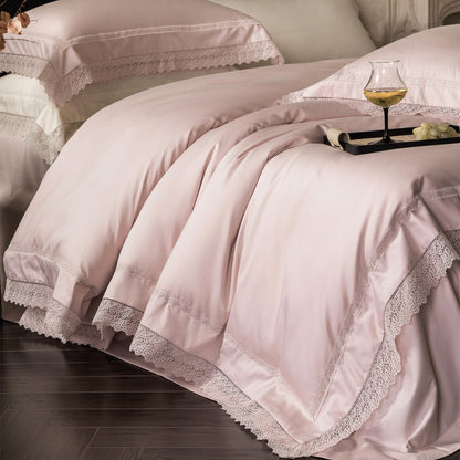 Luxuriöses Baumwollsatin Bettbezug-Set mit Spitzenkante