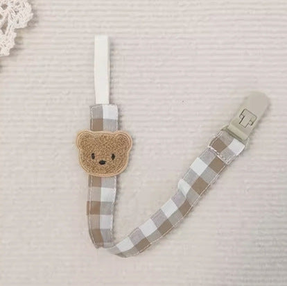 Vichykaro Baumwollberuhigungssauger- und Beißringclip mit gesticktem Bärenapplikation