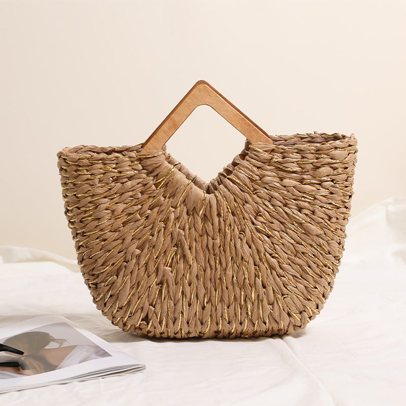 Handgefertigte Tragbare Basttasche mit Holzgriffen Brehn