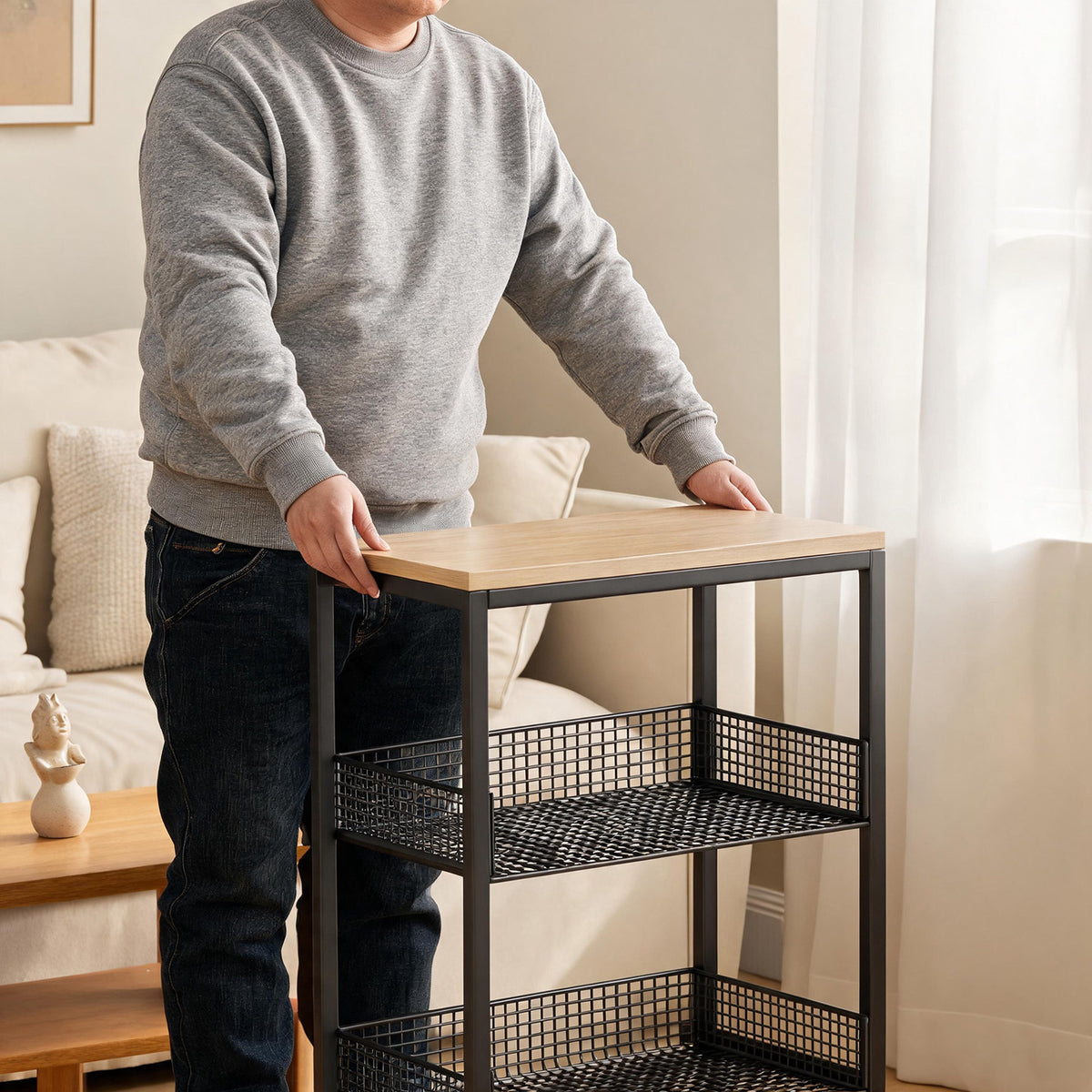 Kompakter Bamboo-Top Rolling Kitchen Utility Cart mit zwei Mesh-Korbregalen