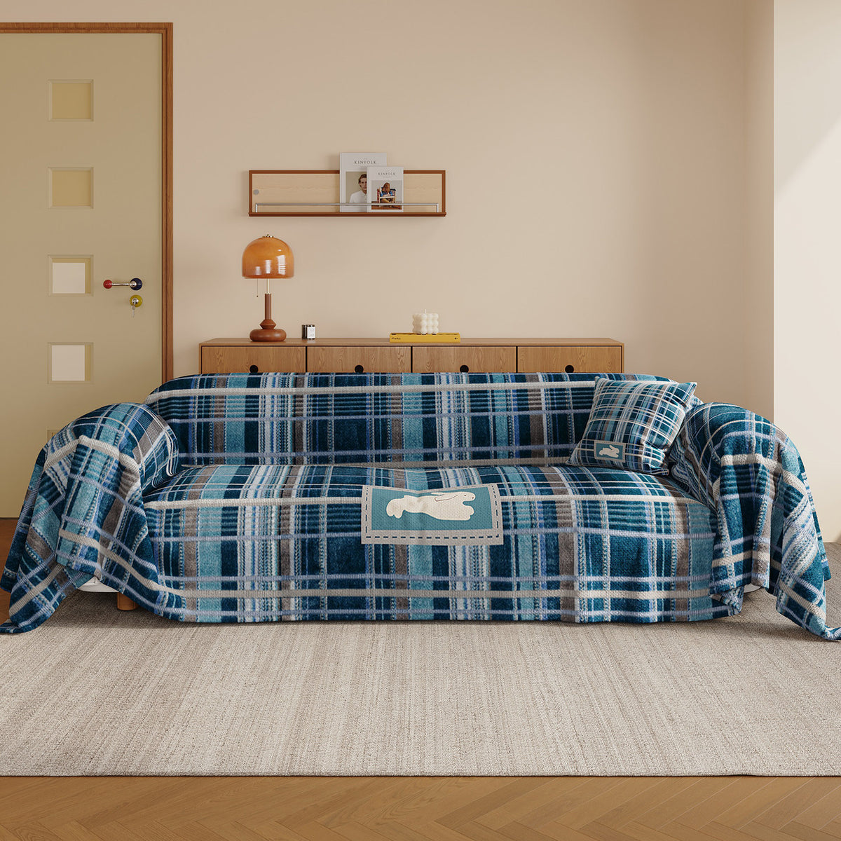 Brushed Microfiber Plaid Sofa Slipcover Throw with Bunny Appliqué and Removable Cushion Cover