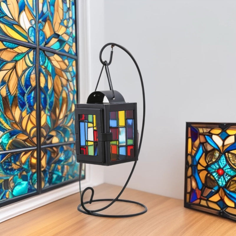 Buntglas-Mosaik-Hängeteelichthalter mit Metallrahmen Brehn