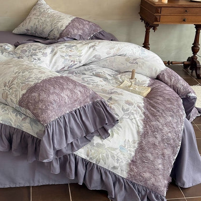 Rüschend floral Baumwoll-Leinen Bettbezug Set