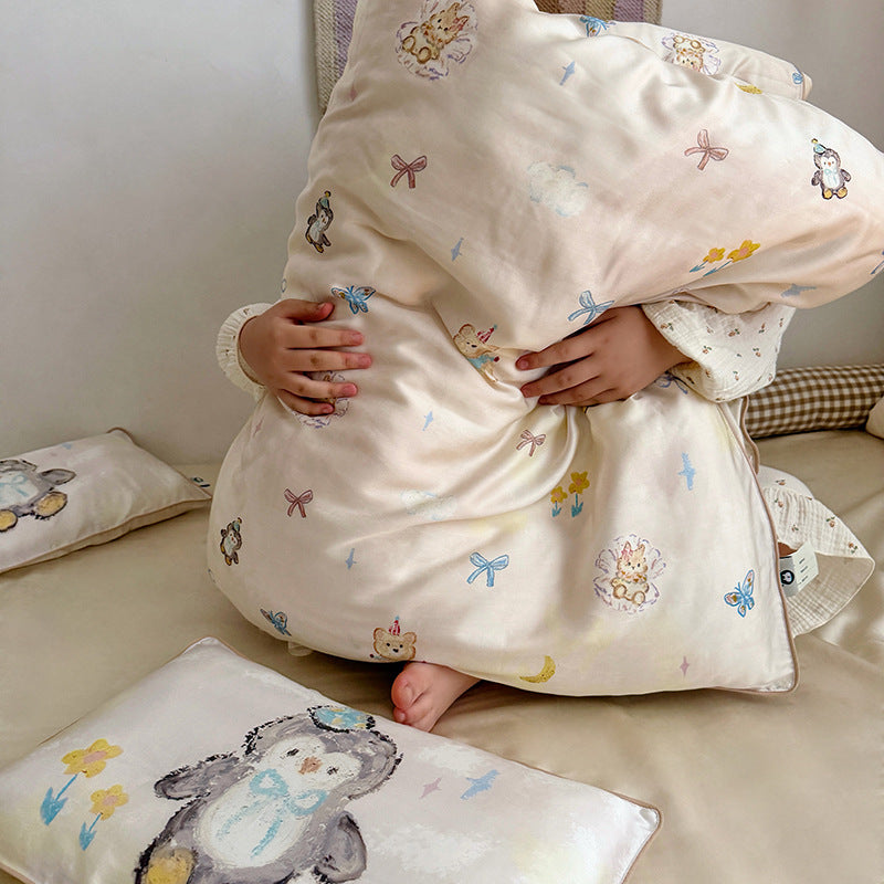 Seidiger Satin gesteppte Bettüberwurf-Set mit Cartoon-Tierdruck und passenden Kissenbezügen